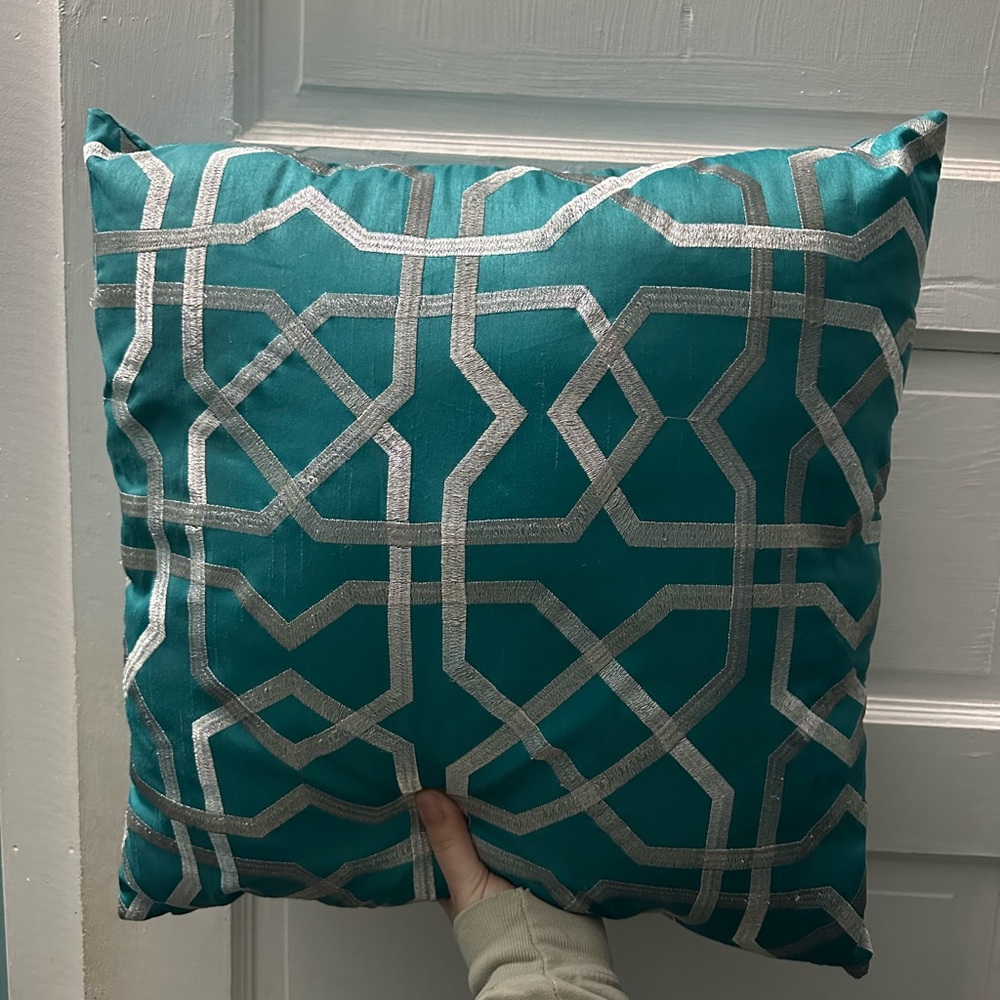 Teal and Silver Geometric Throw Pillow